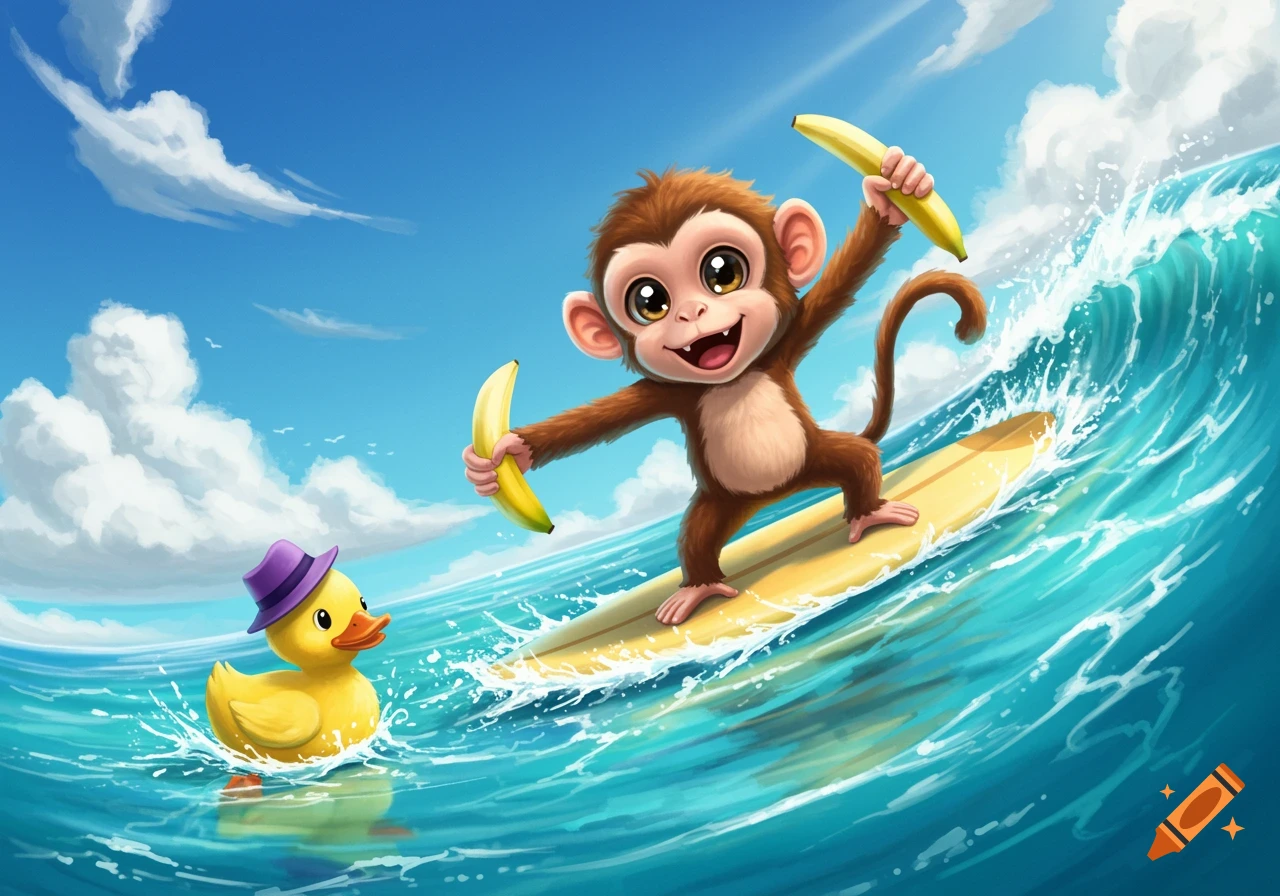 A cute cartoon monkey surfs a wave holding bananas, chasing a yellow rubber duck with a purple hat.