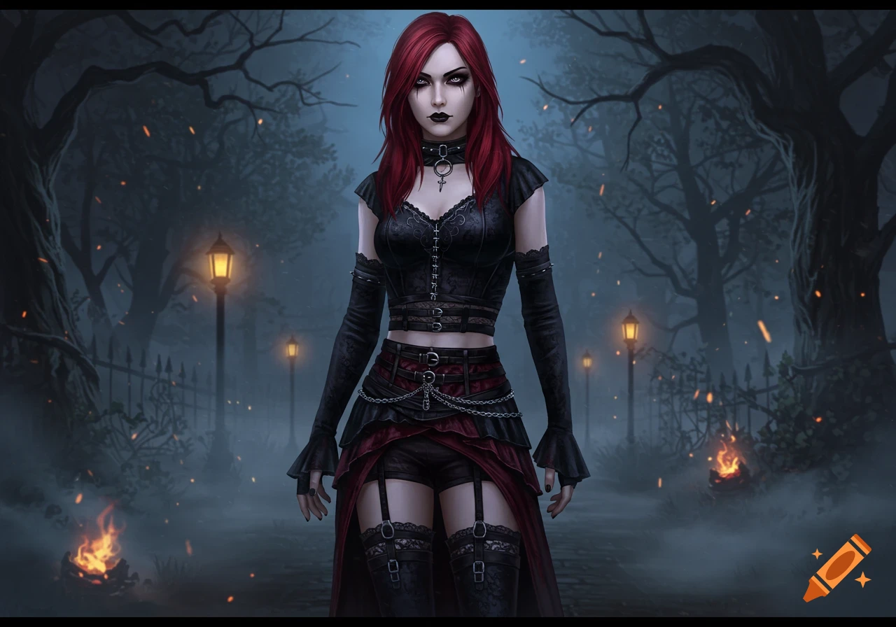 A red-haired goth woman in a black crop top and short skirt stands in a misty, dark forest with glowing streetlights and fires.