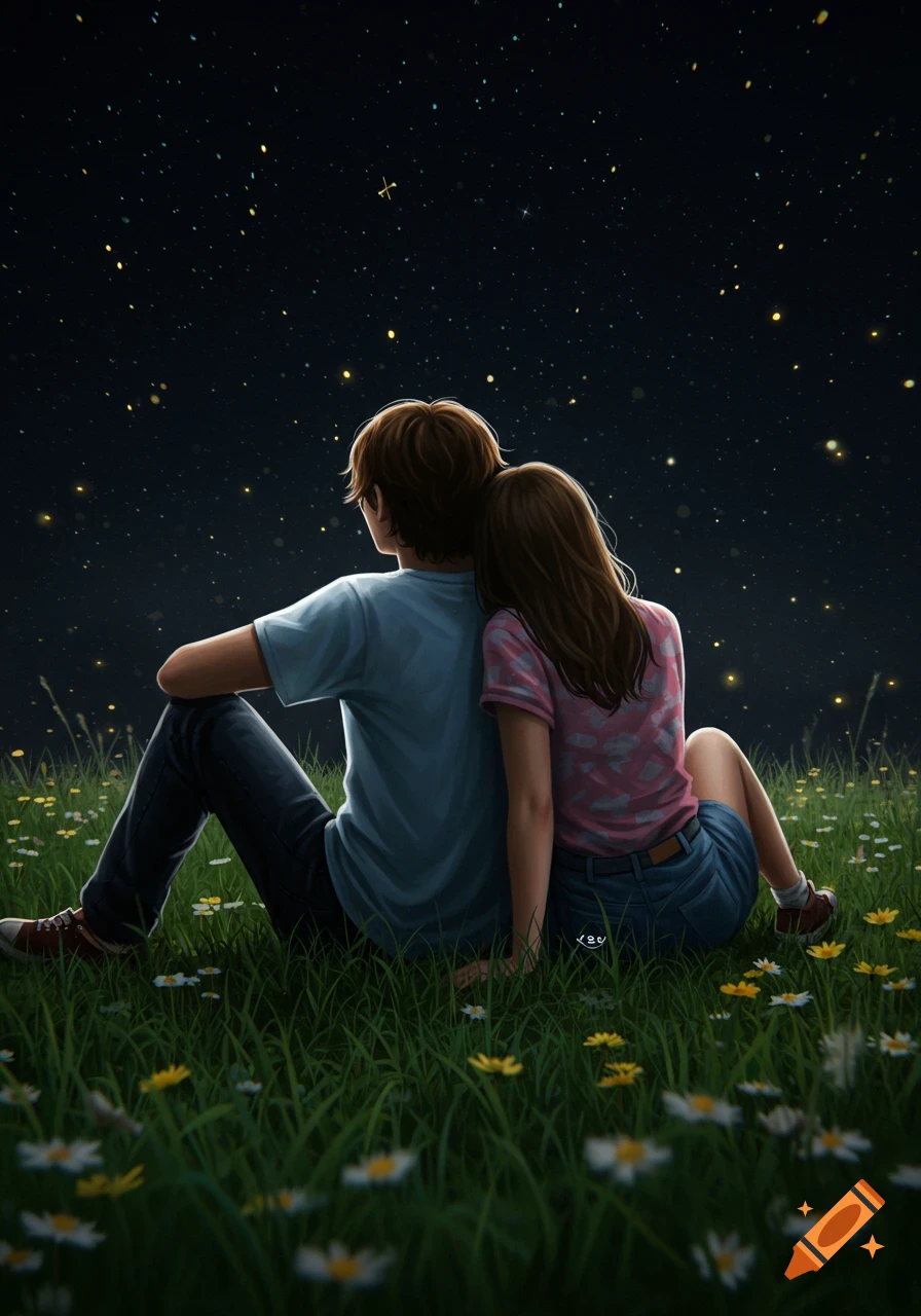 Digital illustration of a young couple sitting in a grassy field, backs to the viewer, gazing at a starry night sky.