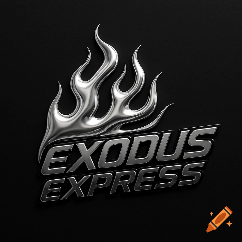 A silver chrome logo featuring stylized flames above the words 'EXODUS EXPRESS' in a bold, metallic font, all on a black background.
