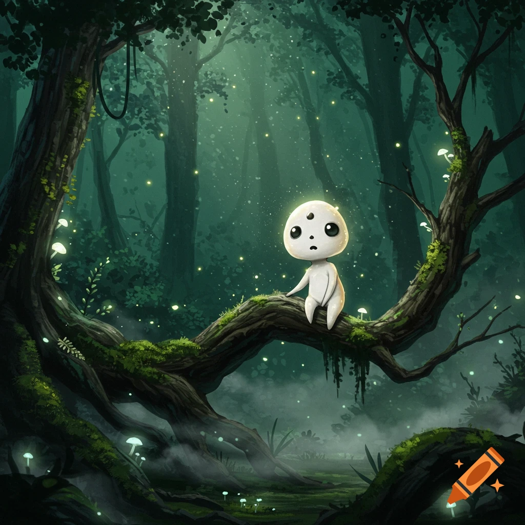 A cute, pale forest spirit with large eyes sits on a mossy tree branch in a mystical, glowing forest.