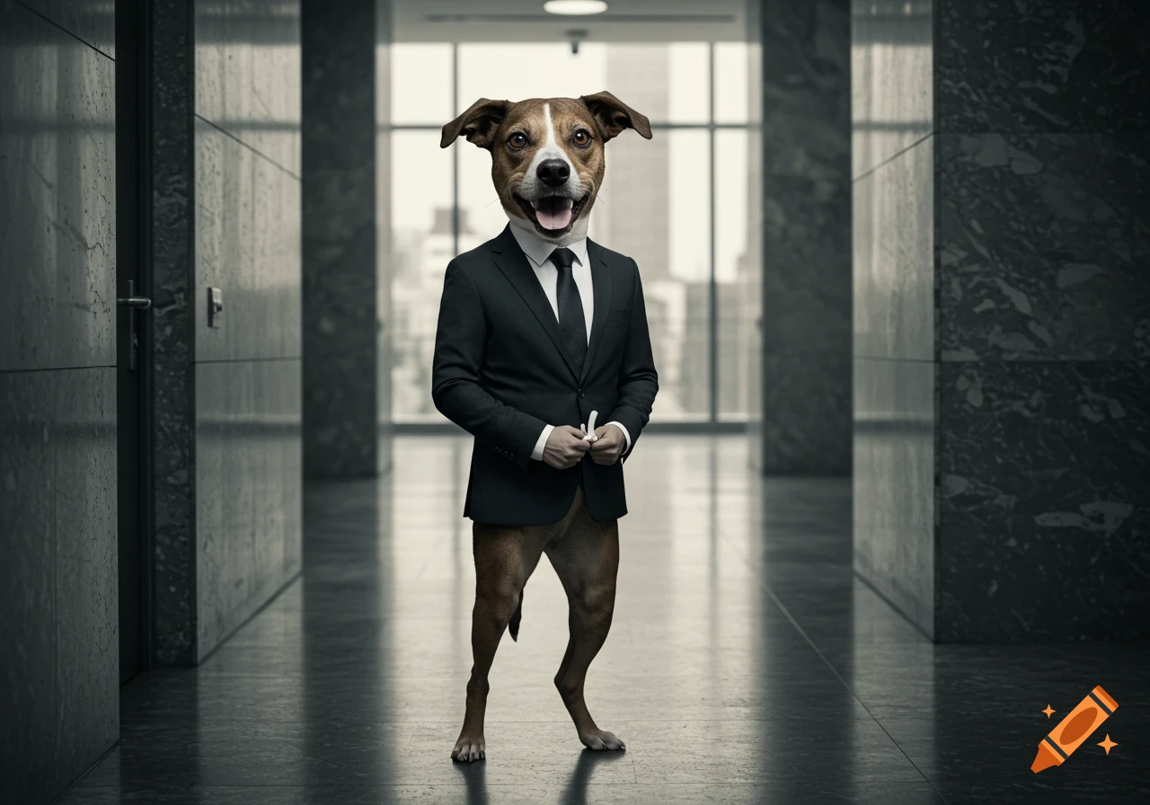 A smiling dog's head on a human body wearing a black business suit, standing in an office hallway.