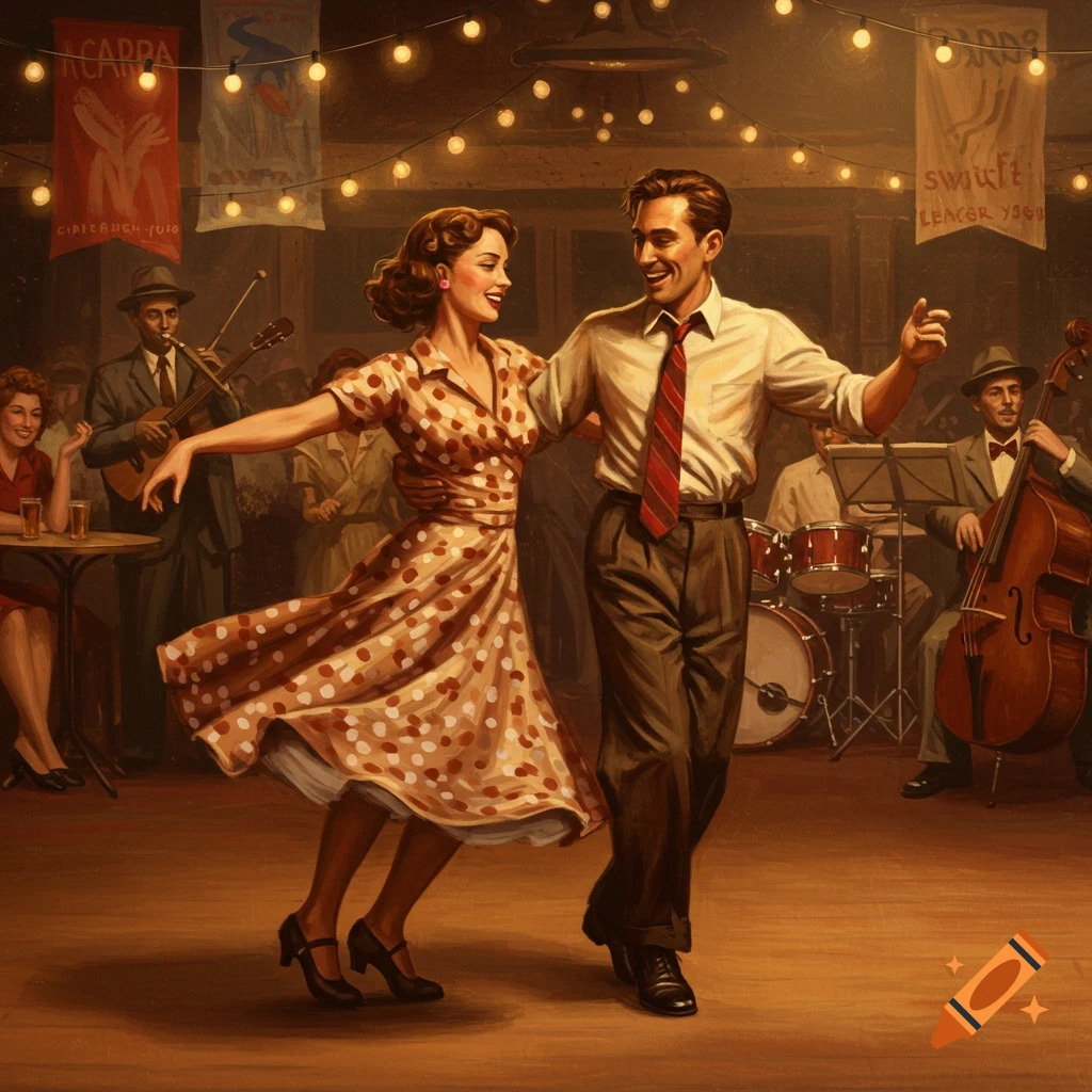 A painting depicts a man and woman swing dancing in a dimly lit club with musicians and banners in the background.