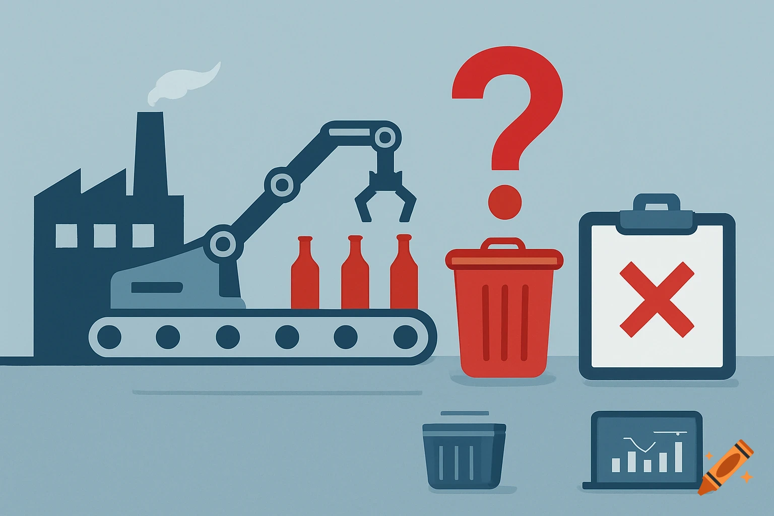 Flat infographic of a factory production line with robotic arm, bottles, waste bin, question mark, clipboard with red X, and a laptop with a chart.
