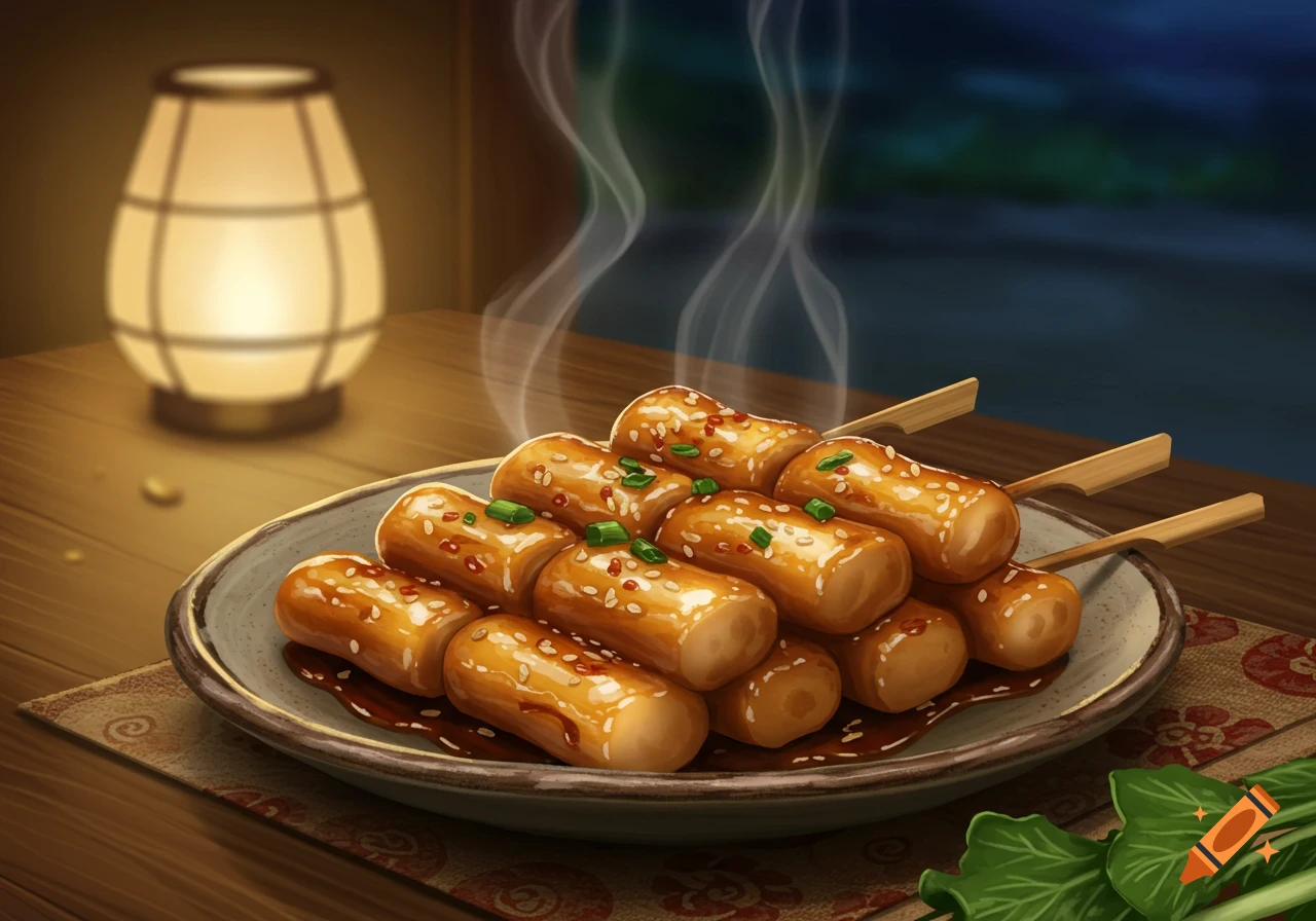 Illustrative hot Tteokkochi (Korean skewered rice cakes) on a plate with sauce, sesame seeds, and green onions. Lantern in background.