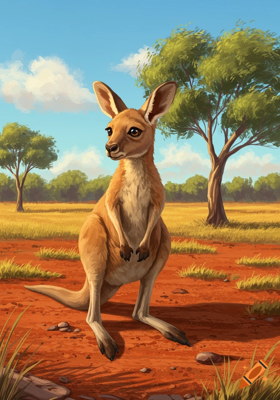 An illustrative image of a cute young kangaroo standing in a field with red soil and sparse grass, under a blue sky.