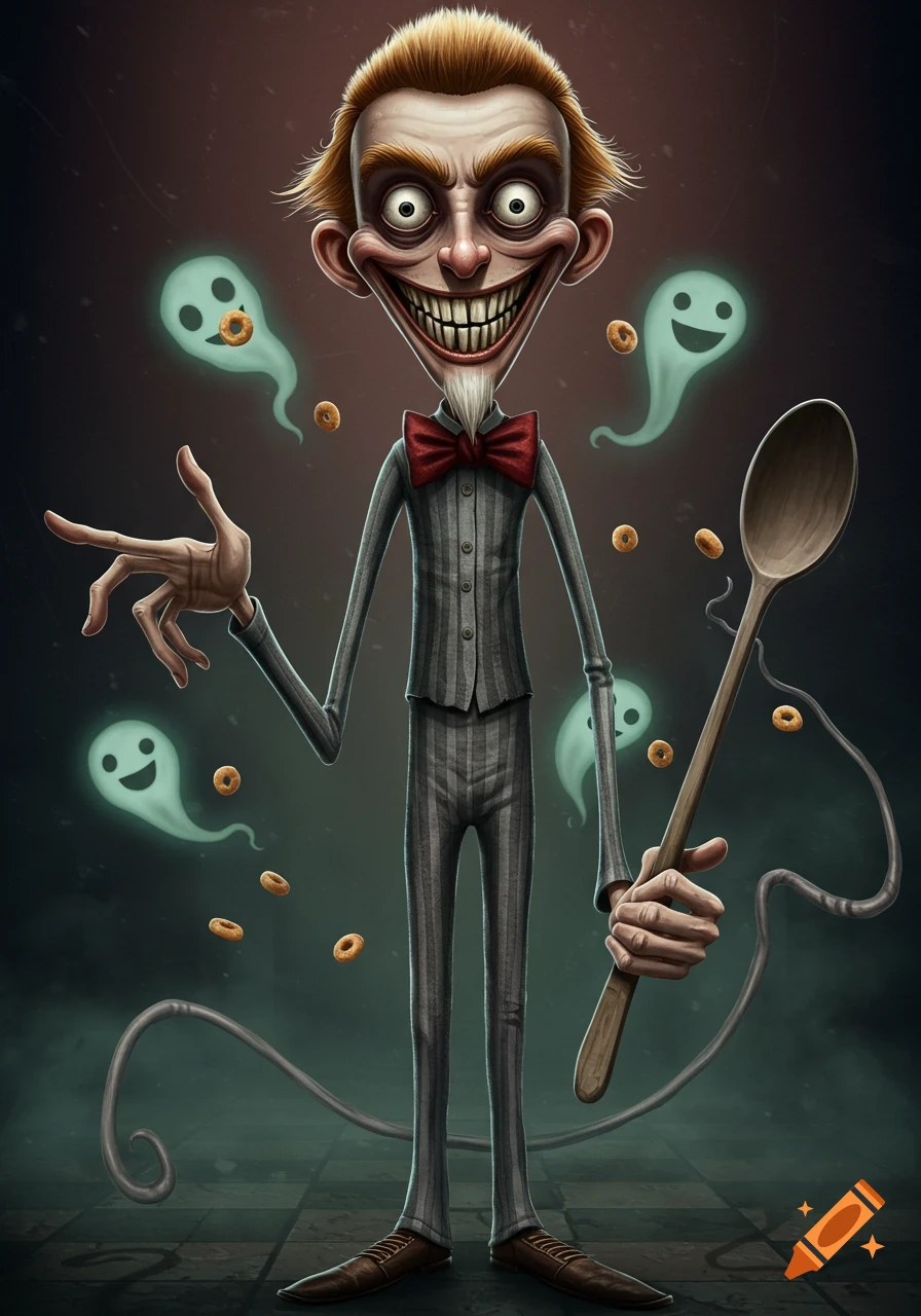 A tall, slender, creepy cartoon mascot with a wide grin, big eyes, red bowtie, and striped suit, holding a wooden spoon, surrounded by floating ghosts and cereal O's.