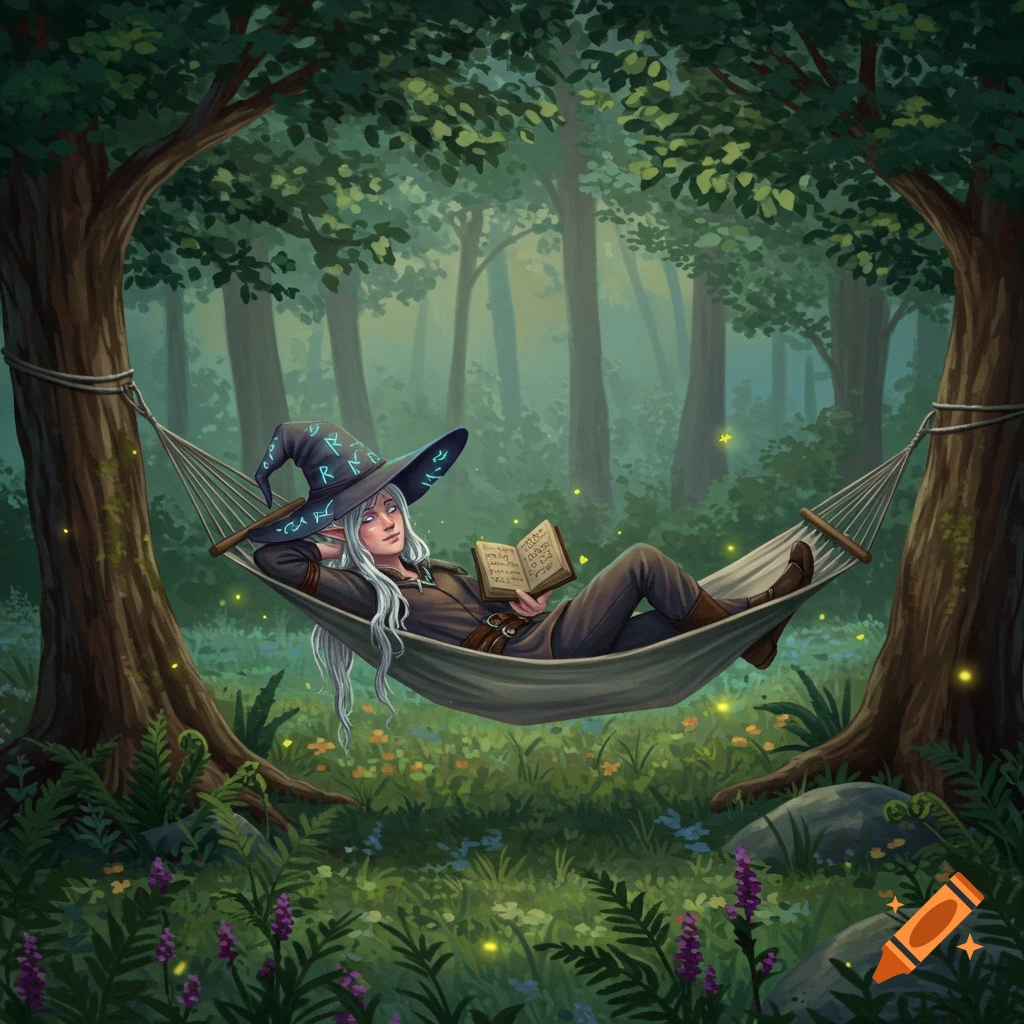 A white-haired elf in a wizard hat relaxes in a hammock, reading a book in a lush forest with fireflies.