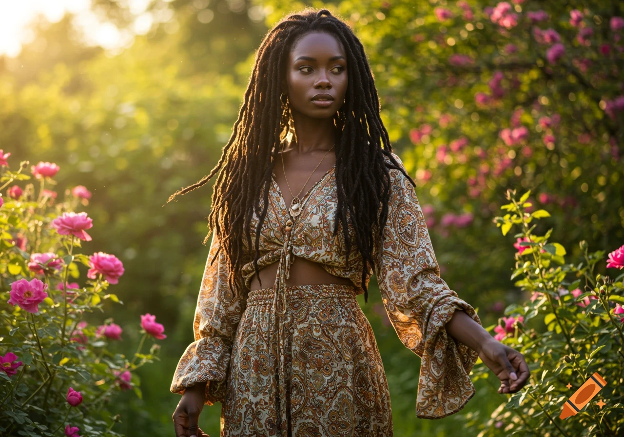 A beautiful Black woman with long locs and bohemian clothing stands in a sunlit rose garden.