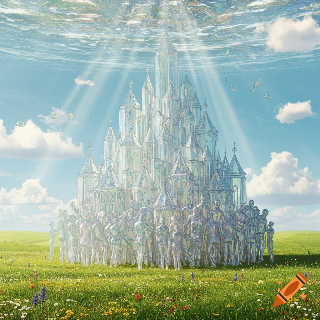 A luminous glass castle stands on a green meadow, its base formed by a crowd of transparent, human-like figures.