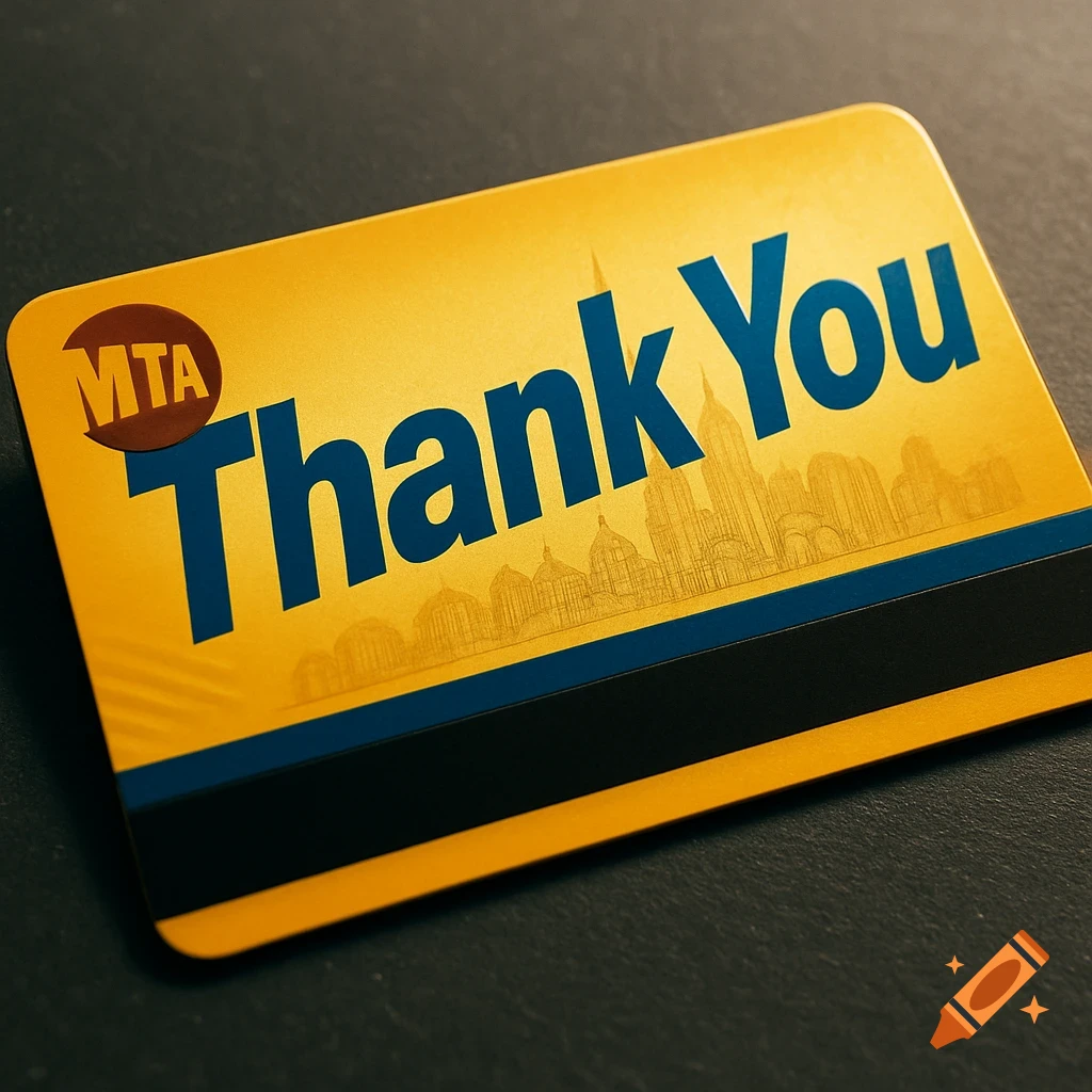 A yellow MTA card with 'Thank You' in blue text and a black magnetic strip.
