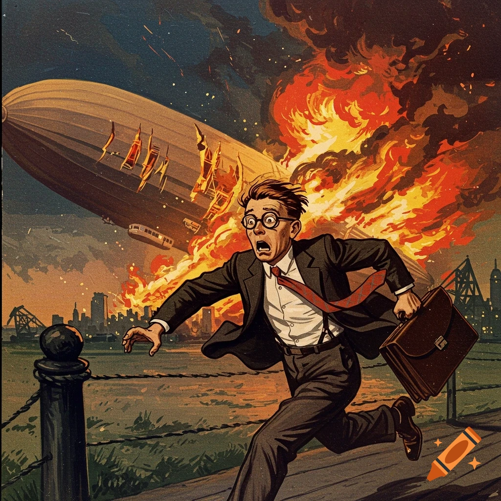 Vintage pulp illustration of a panicked man running from the fiery Hindenburg disaster in a city.