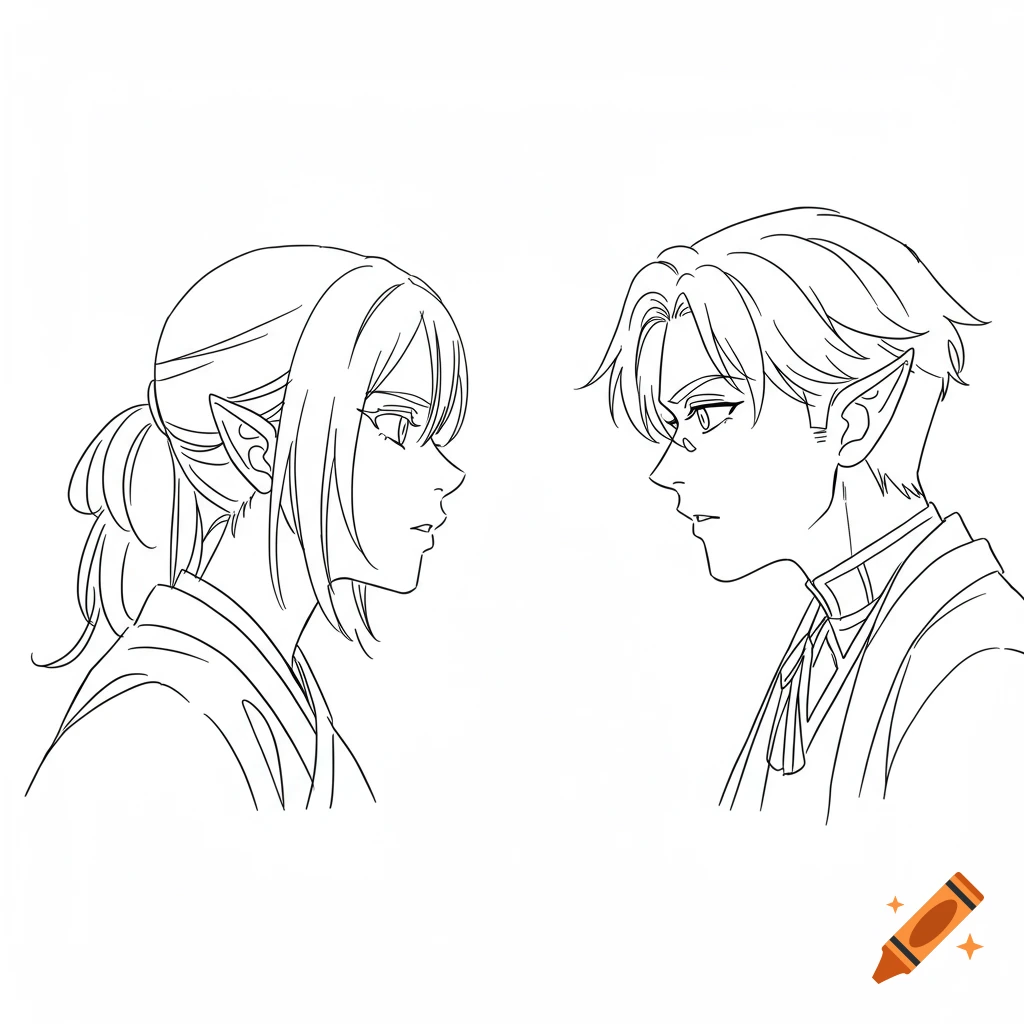 Line art of an anime girl and boy with elf ears looking at each other.