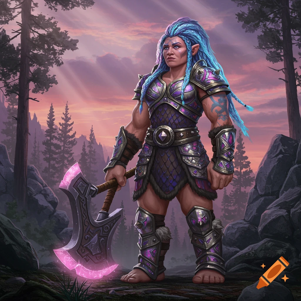 Muscular female fantasy barbarian with blue hair and purple armor, holding a glowing pink axe, stands in a forest at sunset.