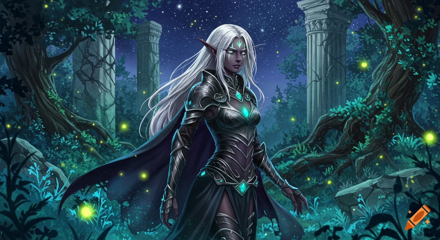 A female dark elf with white hair and armor stands in a mystical bioluminescent forest at night, with ancient ruins.