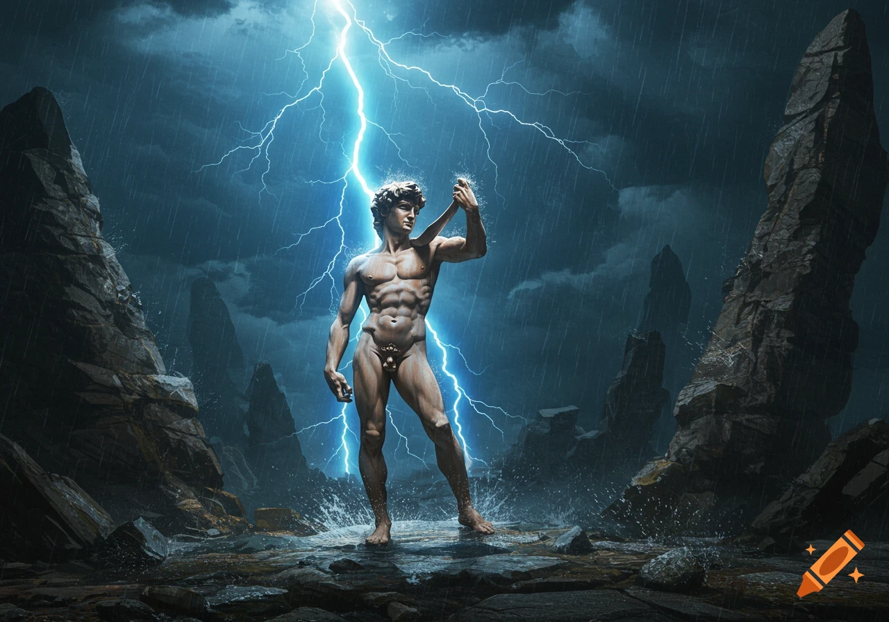 A classical statue of David is struck by lightning during a stormy rain in a dramatic, rocky landscape.
