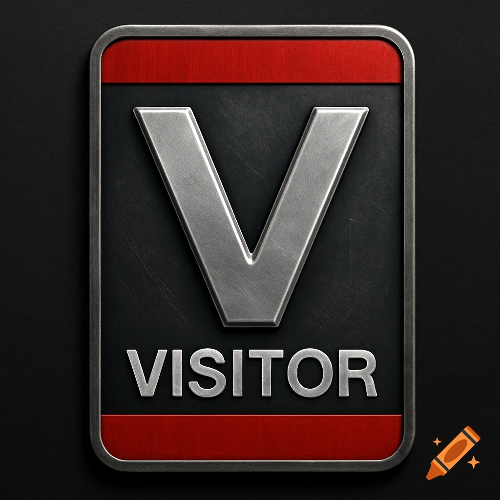 A metallic silver letter V above the word VISITOR on a rectangular black ID badge with red bars at the top and bottom.