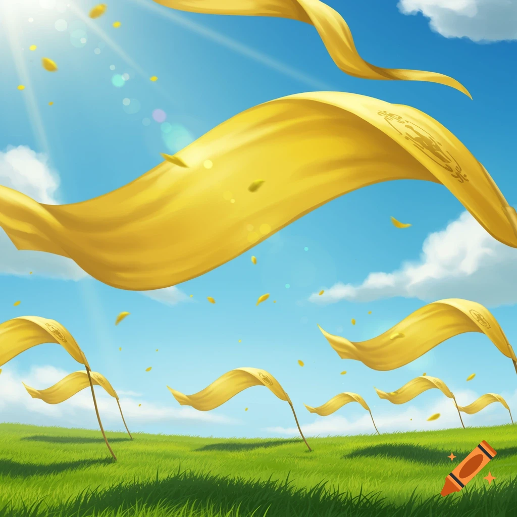 Yellow banners float across a sunny blue sky over a vibrant green grassy field.