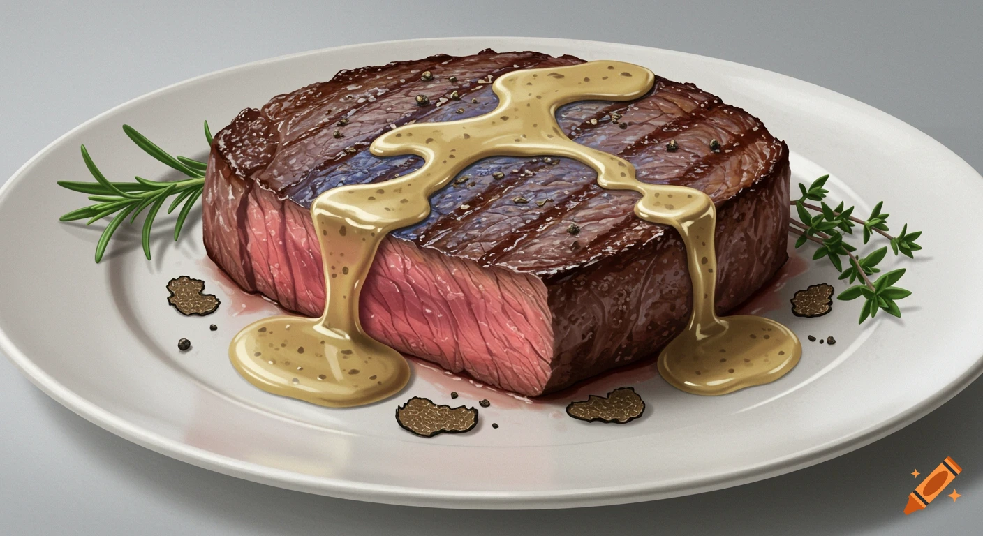 A juicy cooked steak, sliced to show its pink interior, is drizzled with a creamy sauce. It's garnished with fresh rosemary, thyme, and black truffle slices on a white plate.