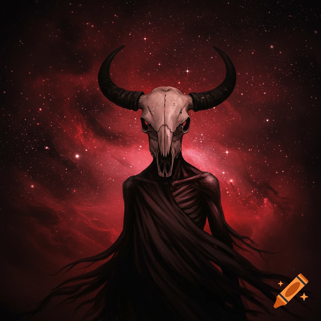 A humanoid figure with a bison skull head and draped in black robes stands against a red galaxy background.