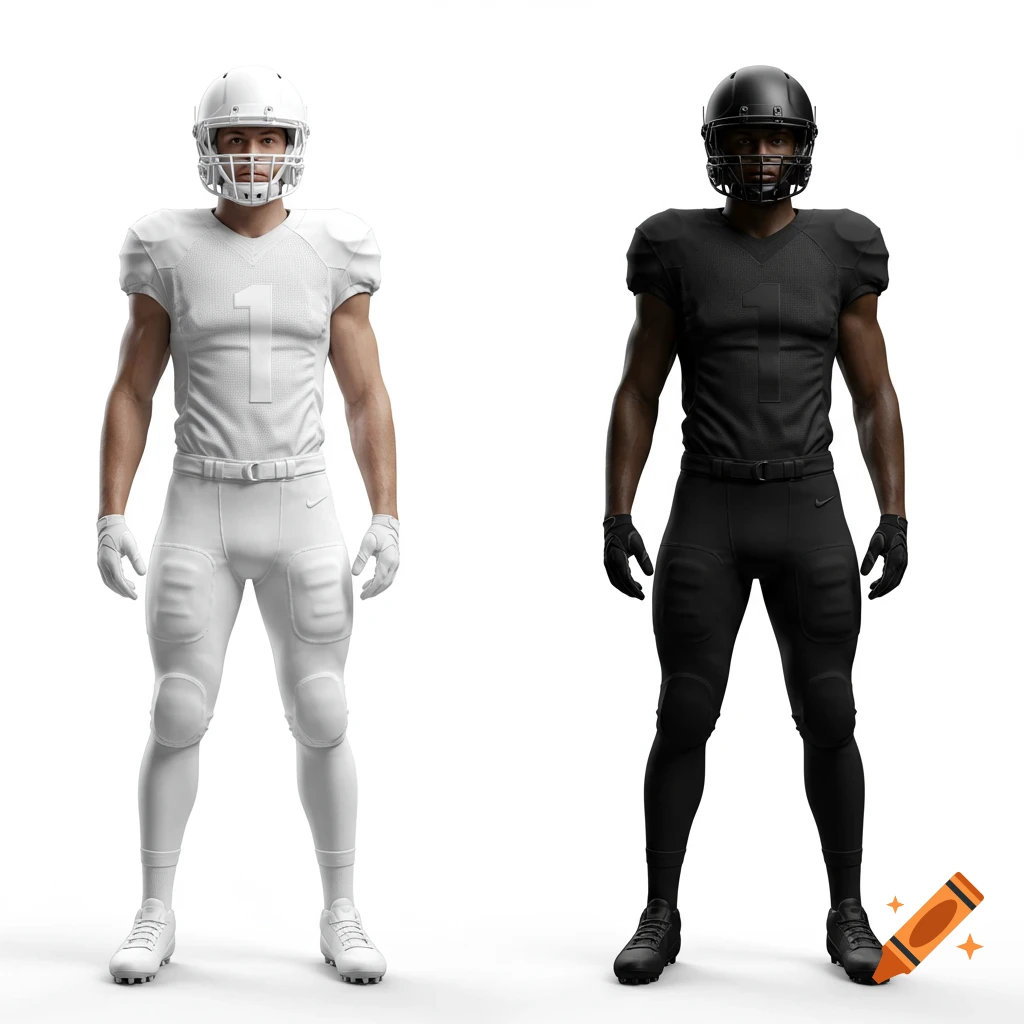 Two photorealistic American football players, one in white uniform, one in black, standing against a white background.