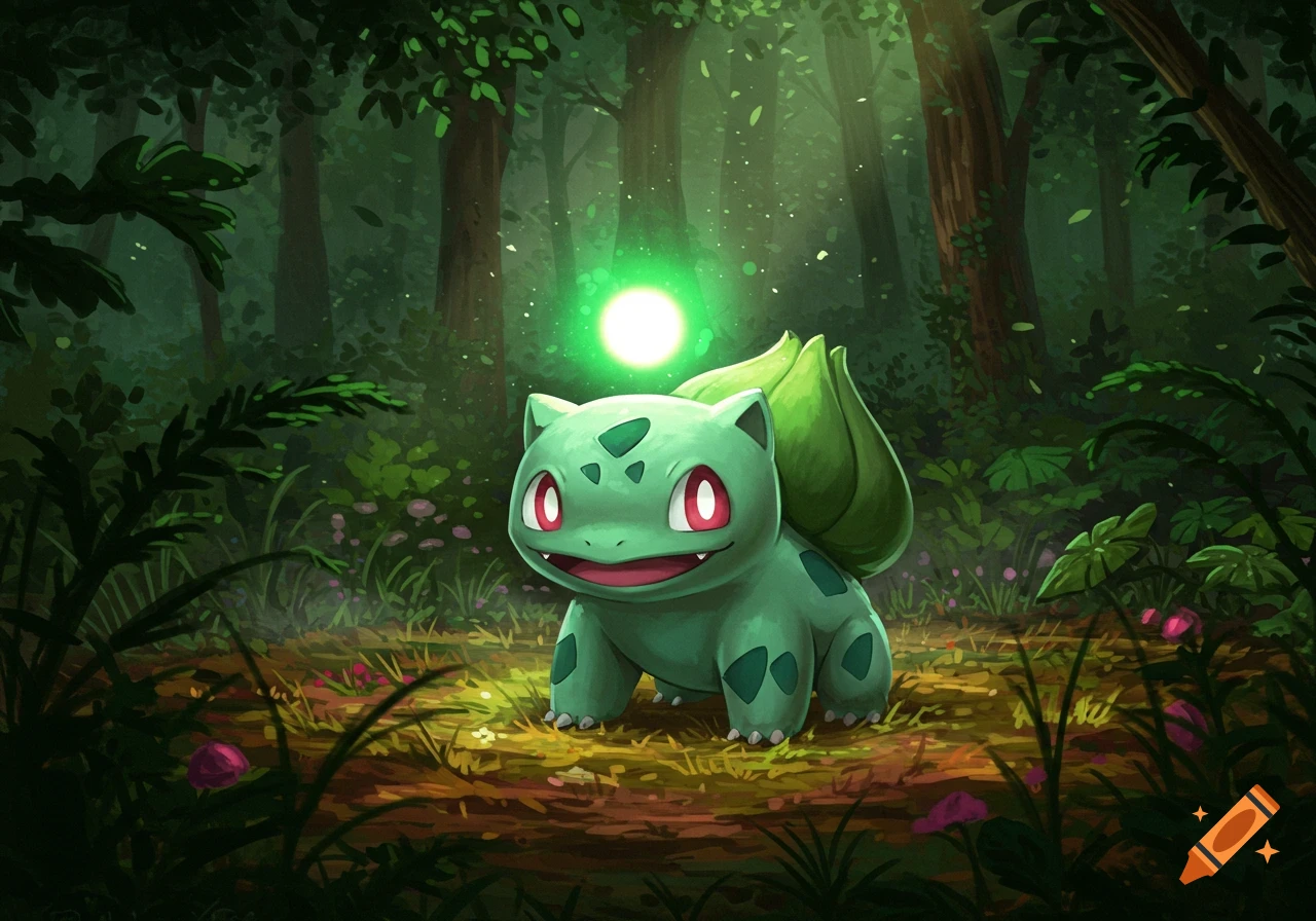 A happy green Bulbasaur stands in a mystical forest with light filtering through the trees and glowing flora.