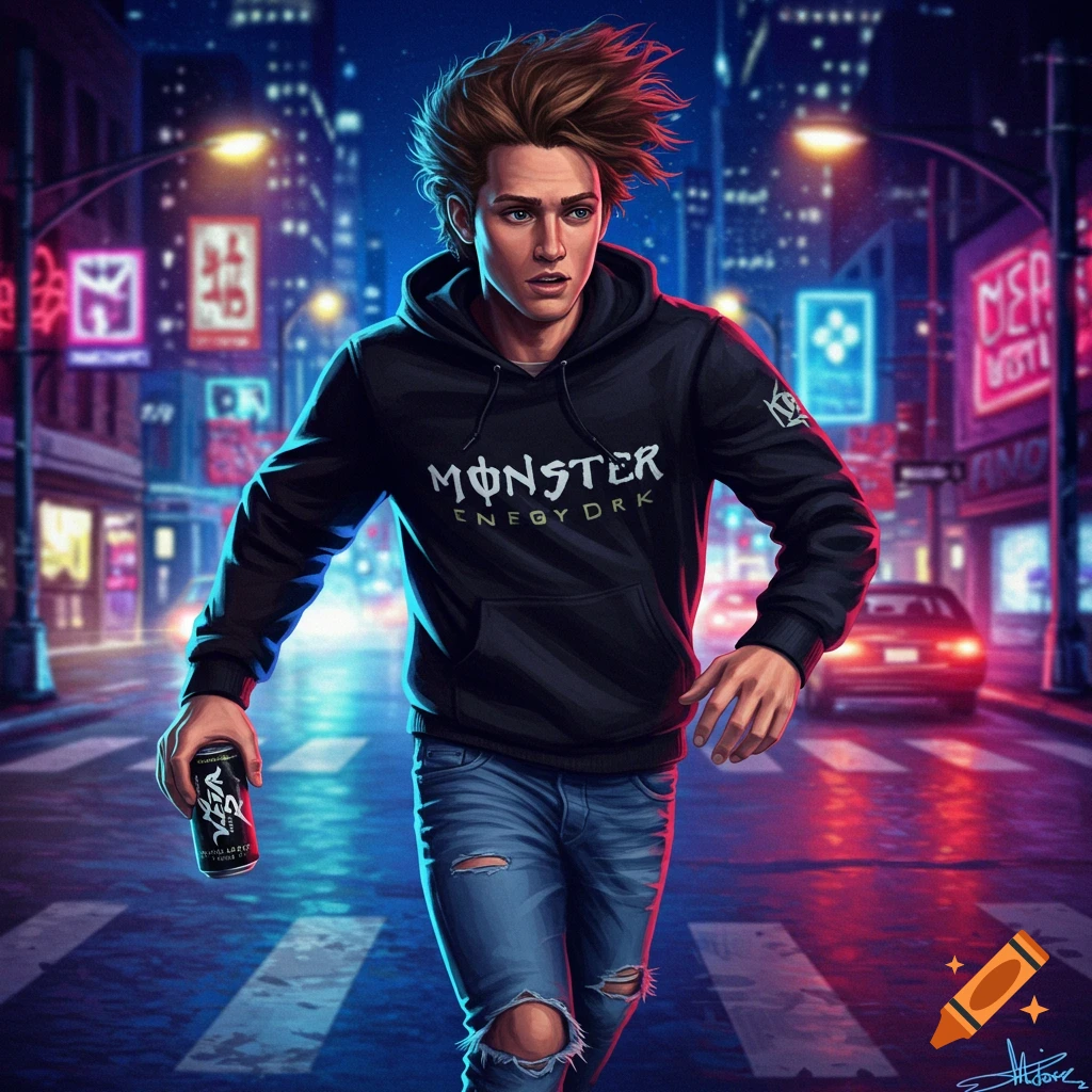 A young man with messy hair in a black "Monster Energy" hoodie and ripped jeans strides across a city street at night, holding an energy drink can.