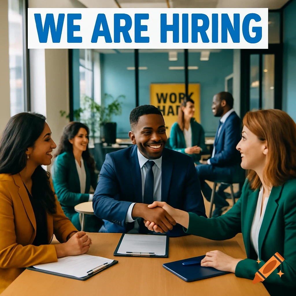 Diverse professionals in an office setting, two shaking hands in the foreground, with "WE ARE HIRING" text at the top. Photorealistic.