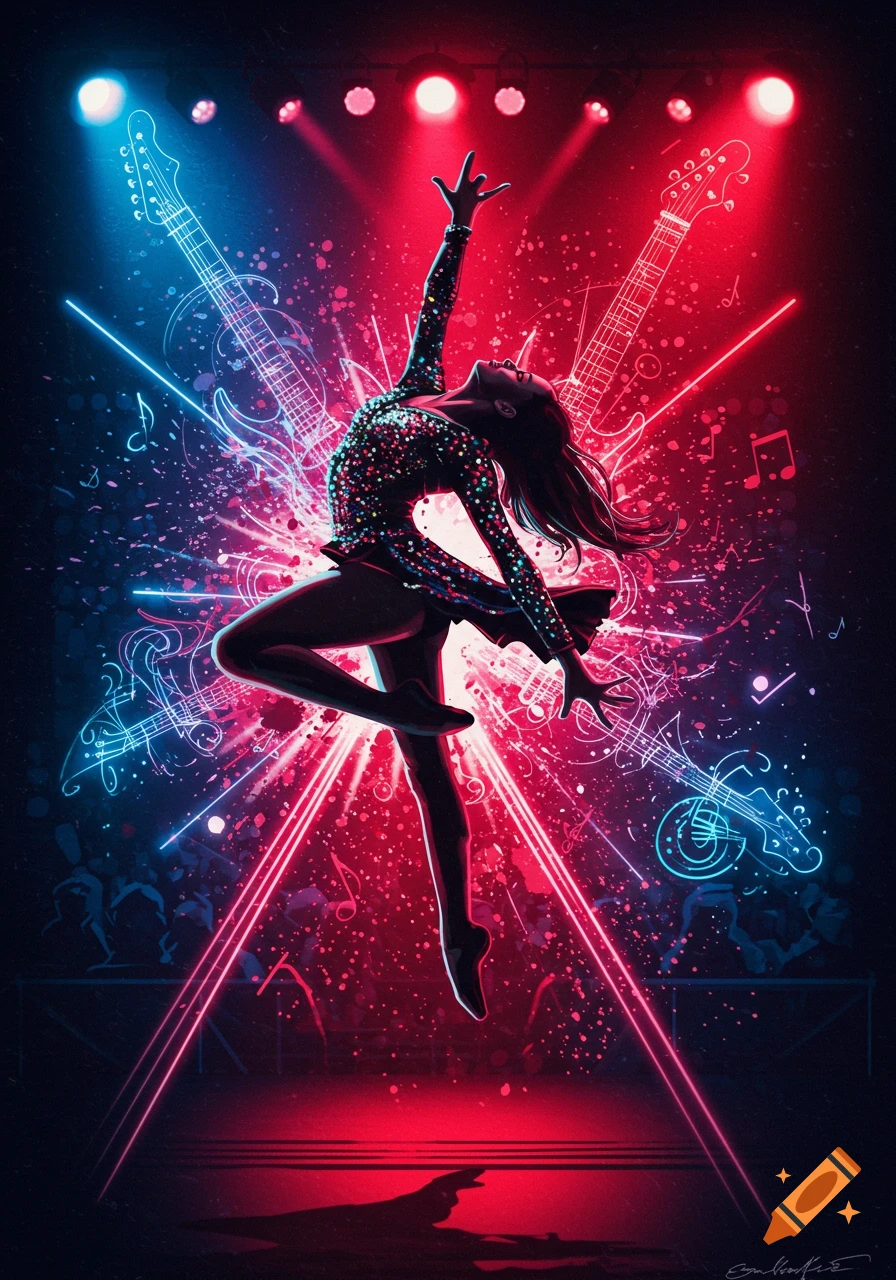 A dancer in a sparkling costume poses dynamically on a stage with vibrant red and blue lights, surrounded by neon guitar outlines and musical notes.