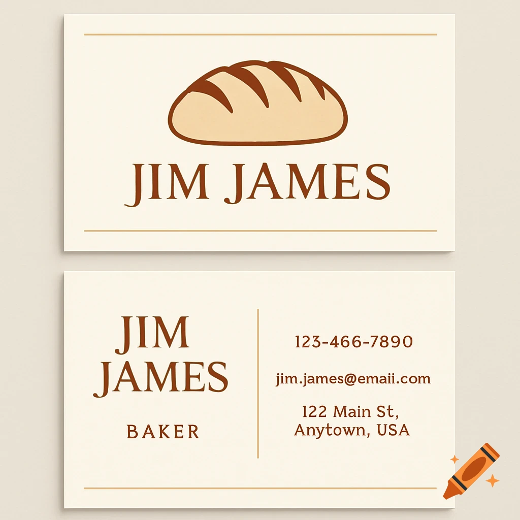 Two professional business cards for a baker named Jim James, featuring a stylized loaf of bread icon and contact details.