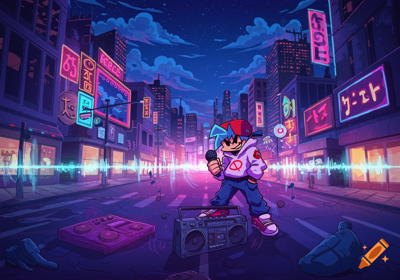 Boyfriend from FNF raps into a microphone on a neon-lit city street at night, with a boombox, in a vibrant cartoon style.