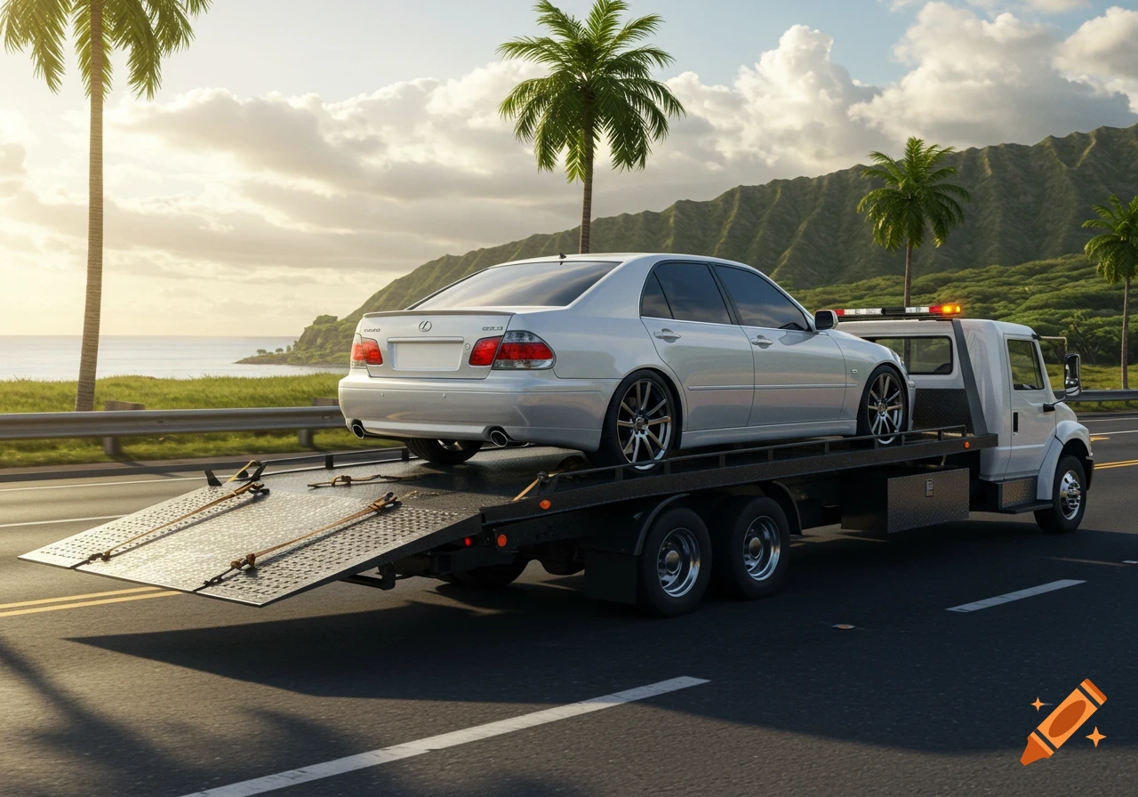 A white Lexus sedan is loaded onto a flatbed tow truck on a highway with palm trees and mountains in the background, under a cloudy sky.