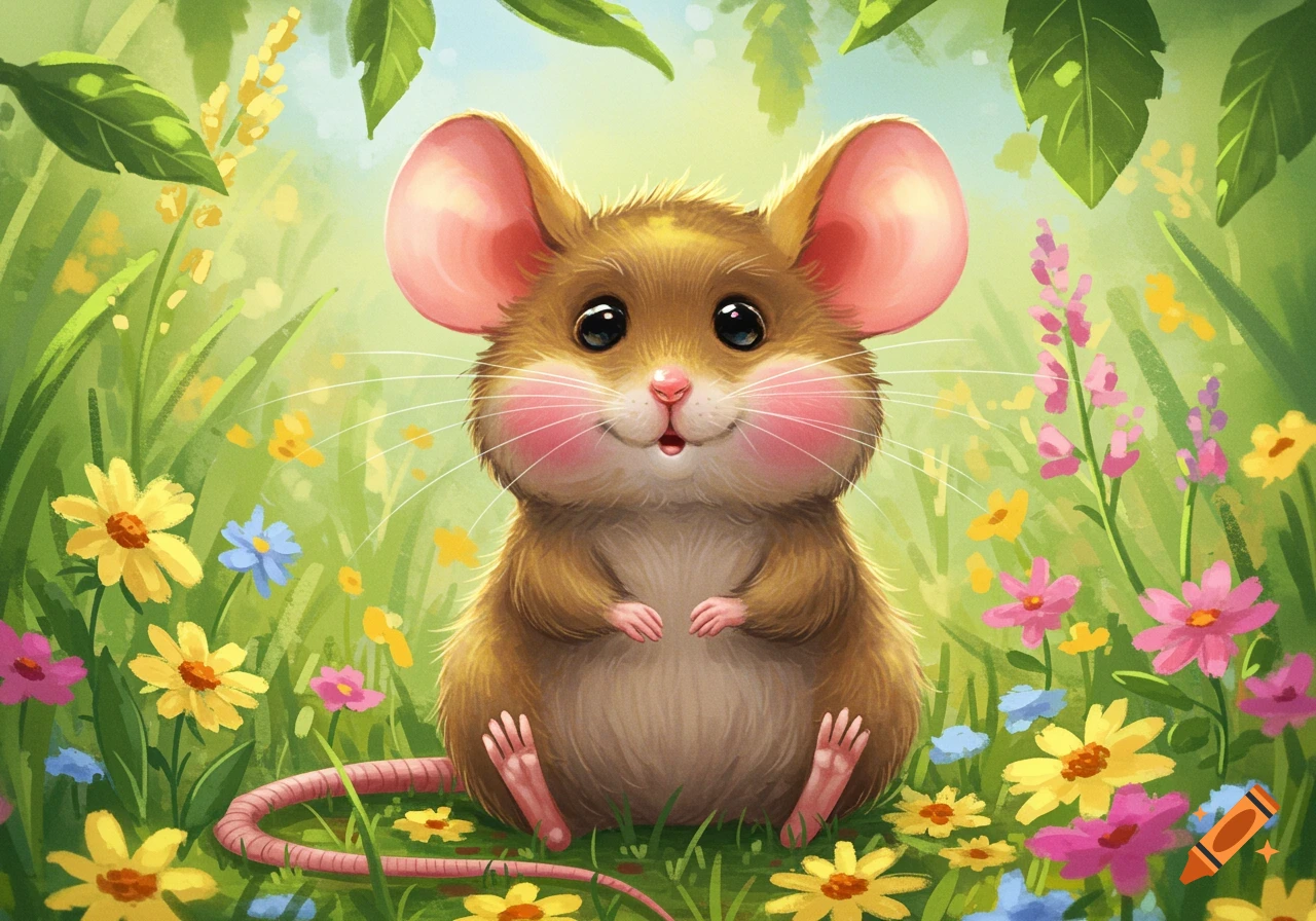 A cute, smiling cartoon mouse with big ears and pink cheeks sits in a field of colorful flowers and green leaves.