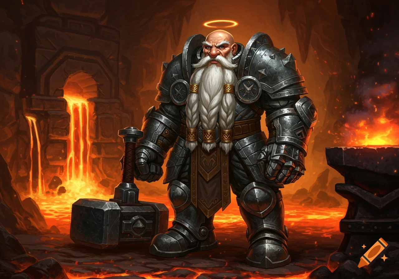 A heavily armored dwarf with a long white braided beard and a halo stands in a fiery forge, holding a large hammer.