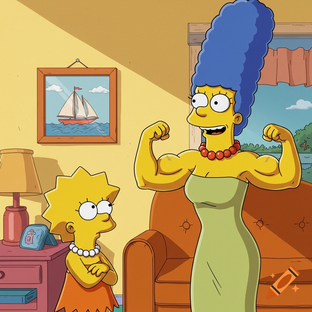Marge Simpson flexing her muscular arms for Lisa in a cartoon living room setting.