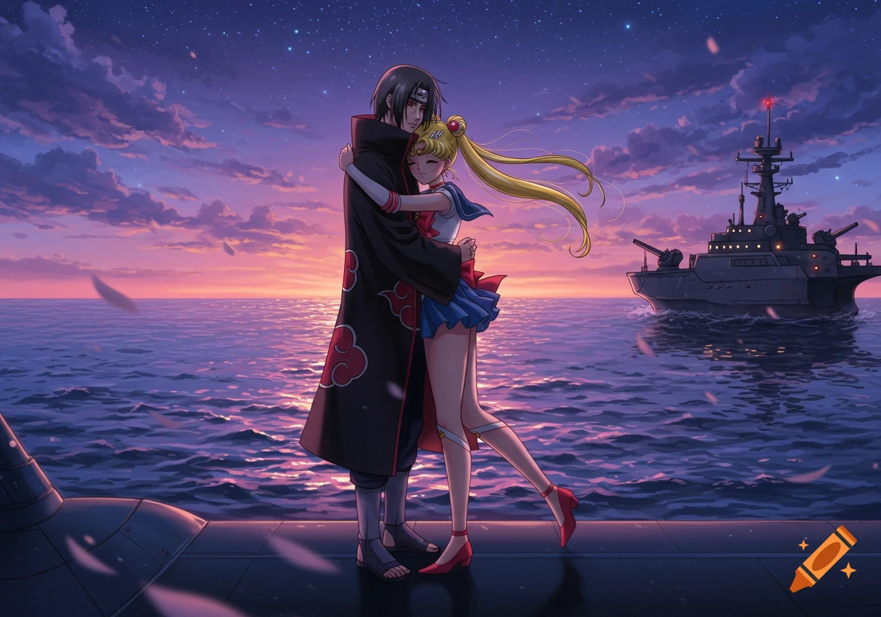 Anime characters Itachi Uchiha and Usagi Tsukino hug on a ship's edge at sunset, with a battleship in the background.