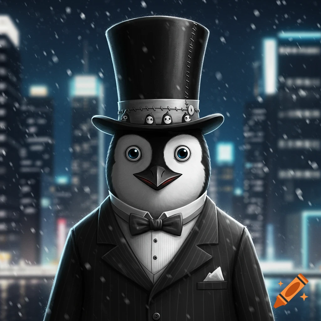 An illustrated cartoon penguin in a pinstripe suit, bow tie, and top hat stands in a snowy city at night.