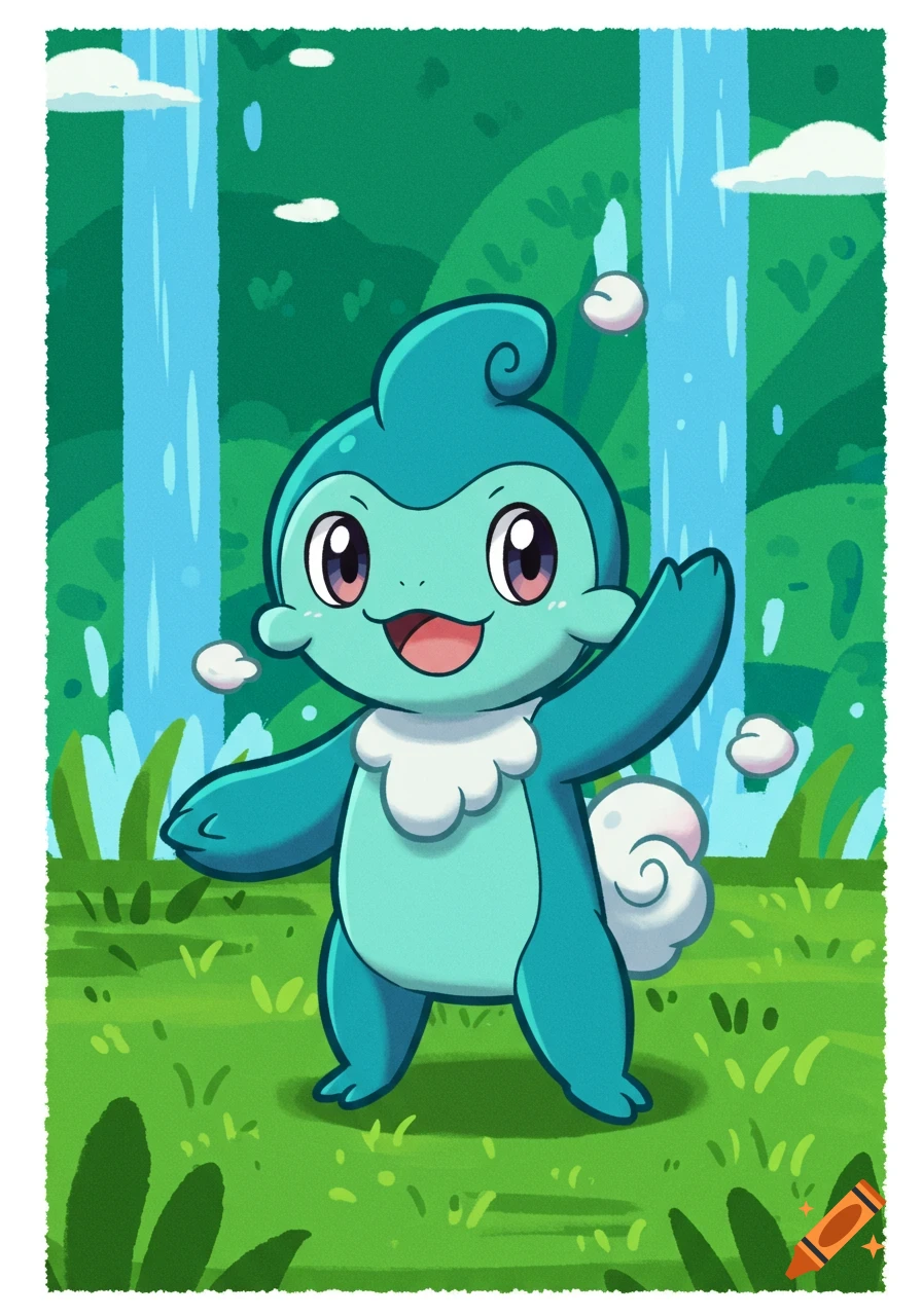 A cute turquoise and light blue Pokémon-like creature waves in a lush green forest with waterfalls, in a 90s Ken Sugimori style.
