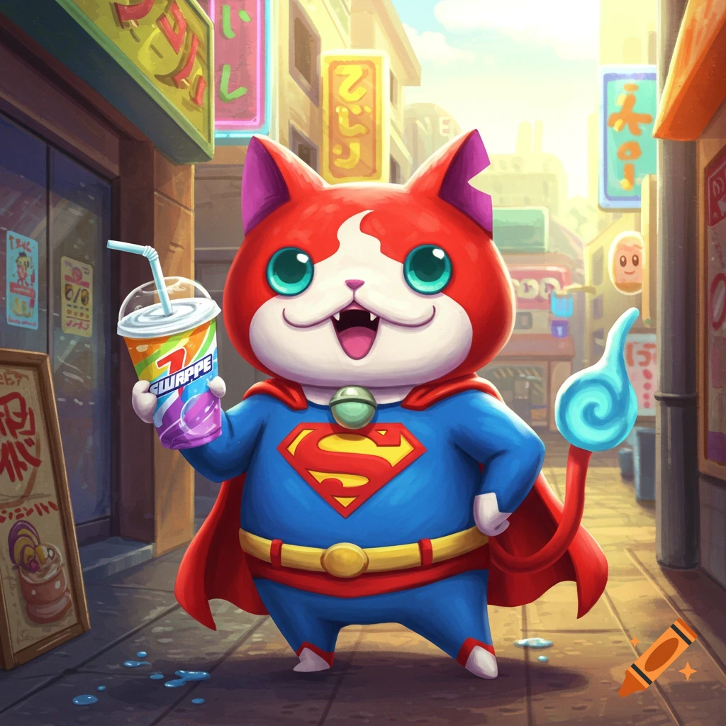 A cartoon red and white cat character, Jibanyan, in a Superman costume, holds a colorful drink on a city street with shops.