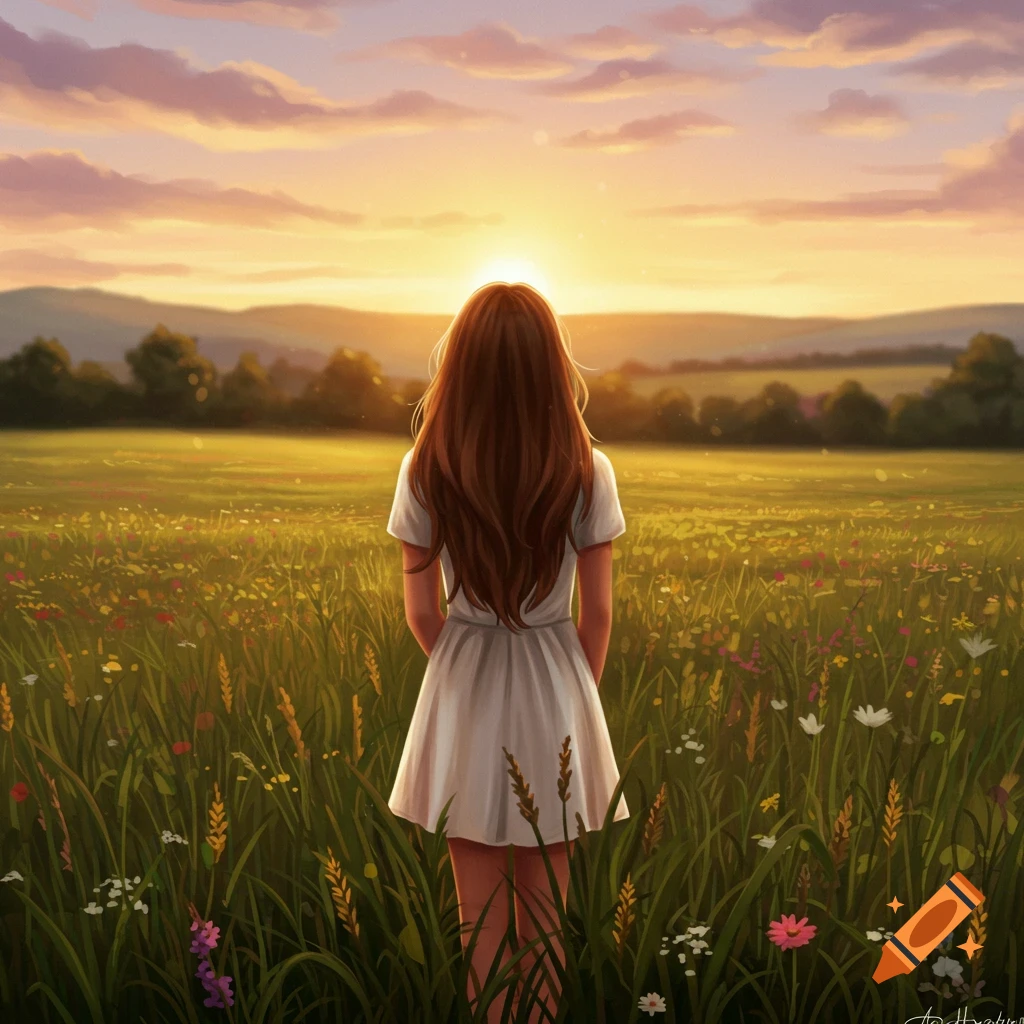 A brunette girl stands in a vibrant green field of wildflowers, looking out at a golden sunset over rolling hills.