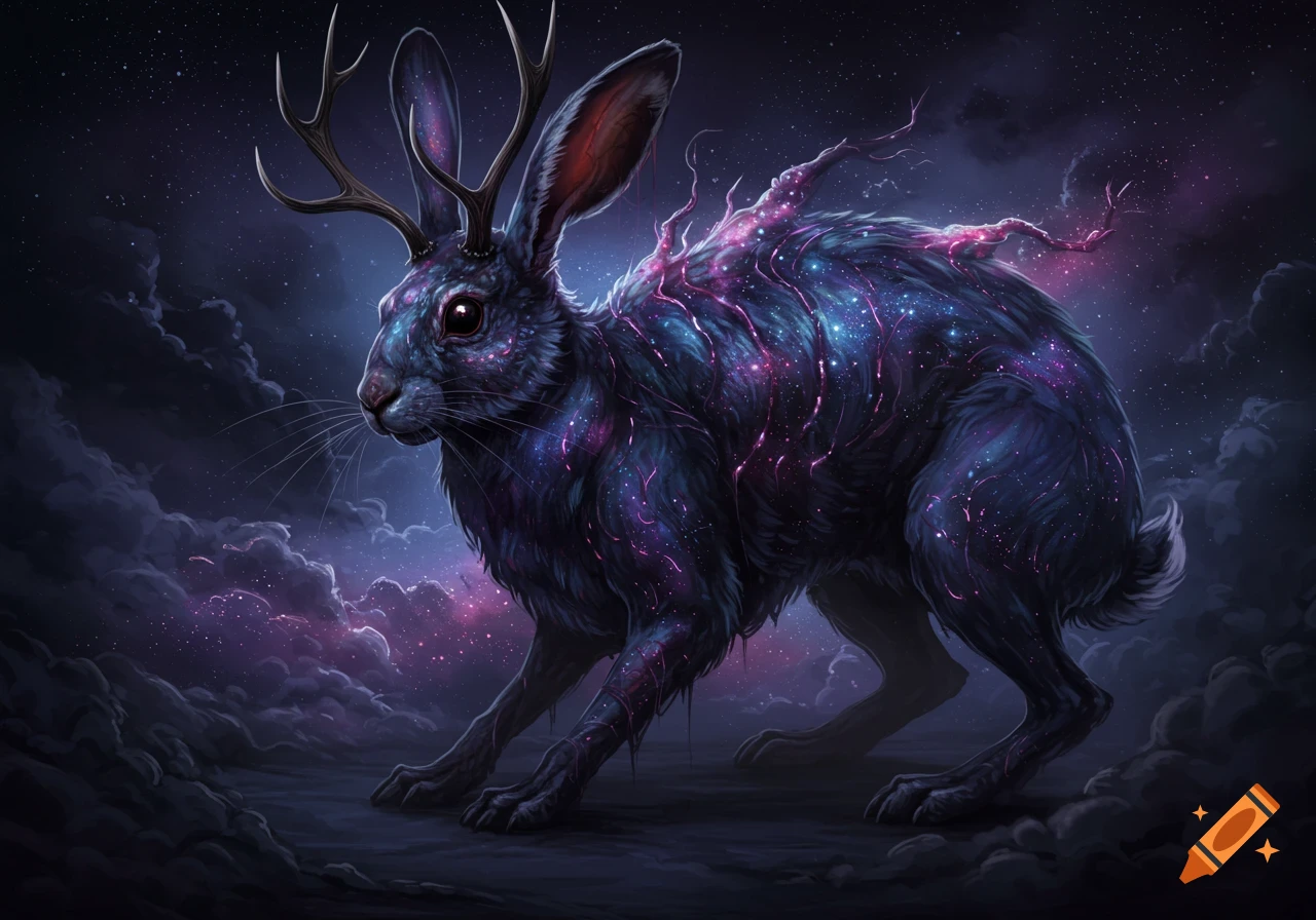 A dark jackalope-like creature with glowing cosmic patterns on its fur, standing under a starry night sky with purple clouds.