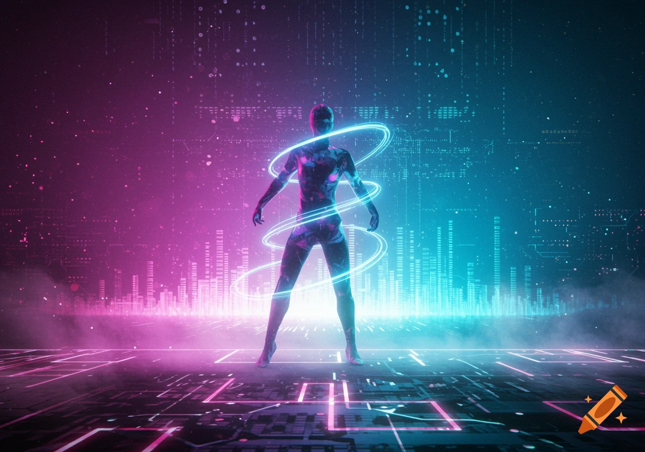 A glowing humanoid figure stands on a circuit-board platform in a vibrant neon pink and blue futuristic digital cityscape.