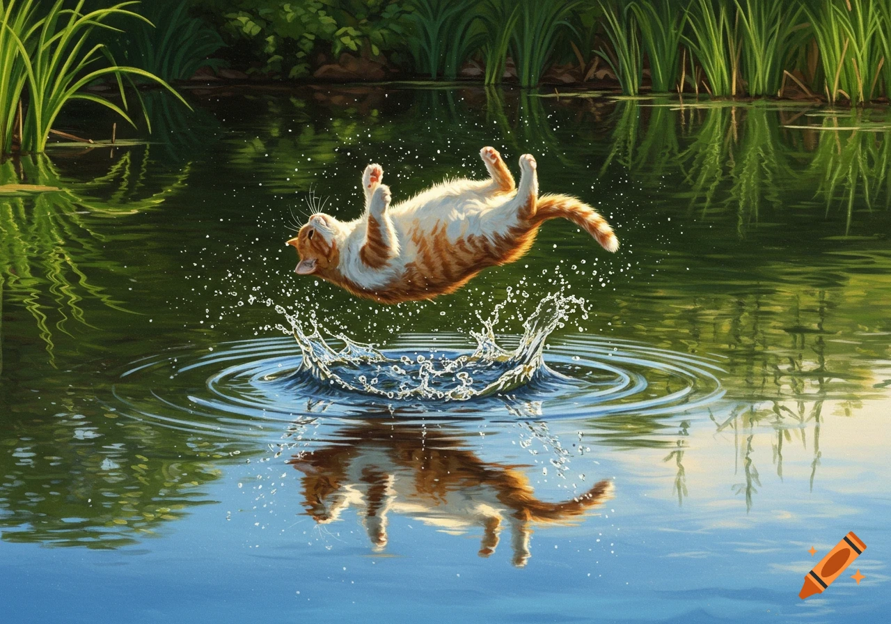 An orange and white cat falls backward into a green-blue pond, creating a large splash. Green reeds line the far bank.