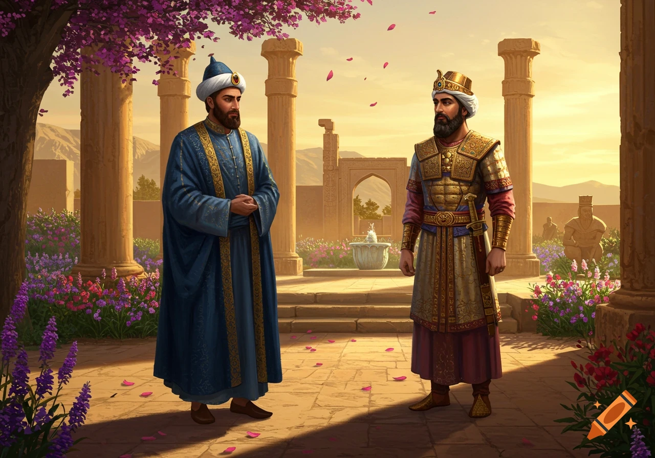 Two bearded men in ornate ancient Persian robes stand in a lush garden among ruins and columns at sunset.