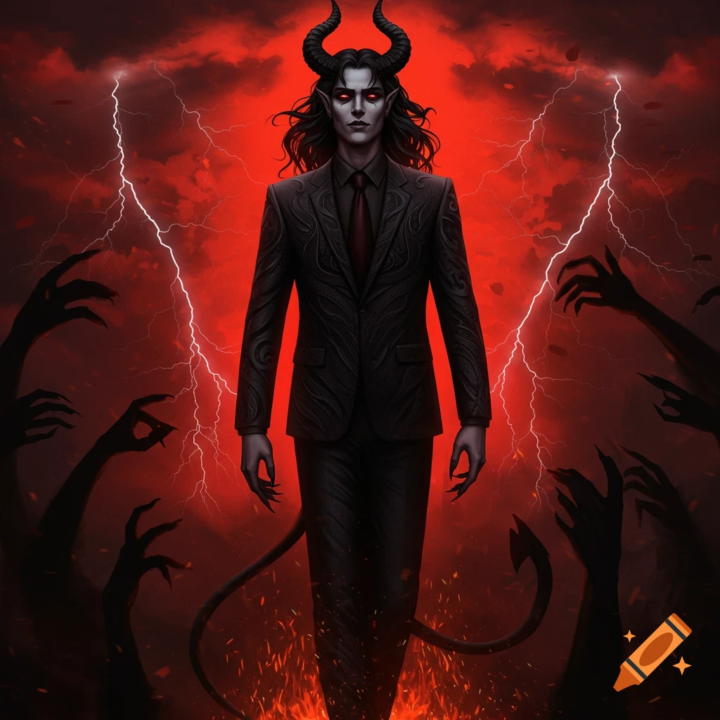 A horned demon with glowing red eyes, wearing a dark suit, stands in a fiery hellish landscape with lightning and shadowy hands reaching up. Stylized digital art.