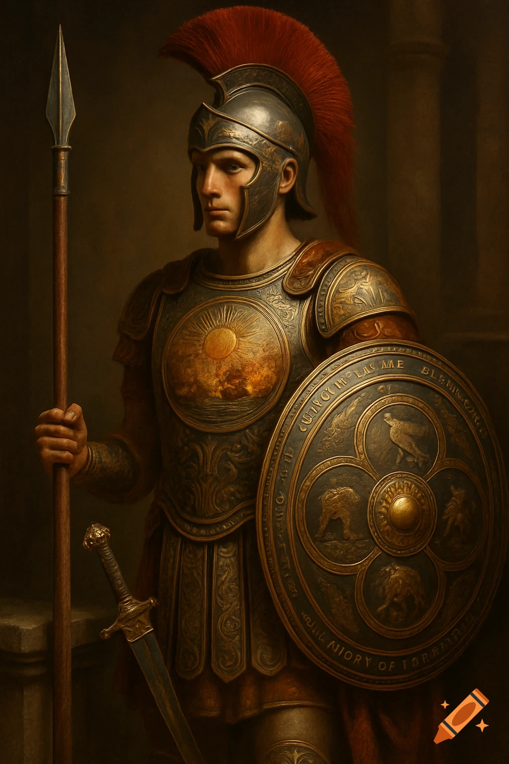 A detailed oil painting of a young warrior in elaborate bronze armor with a red-plumed helmet, holding a spear and shield.