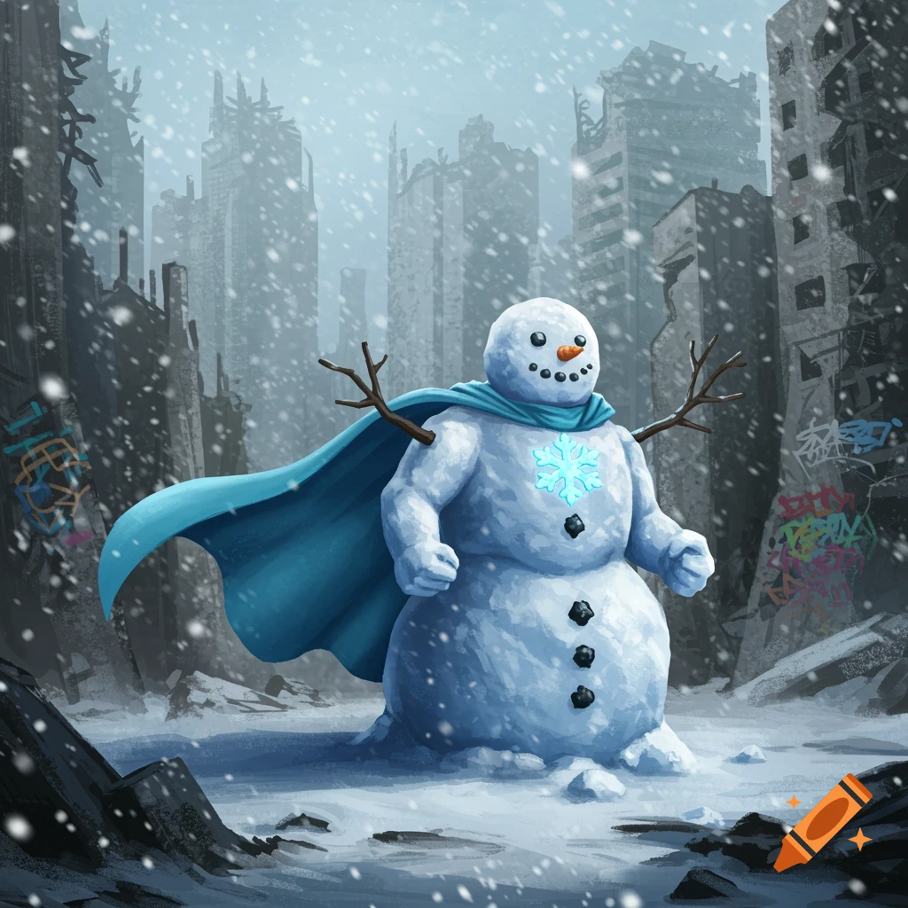 A superhero snowman with a blue cape and glowing snowflake emblem stands in a snowy, ruined city as snow falls.