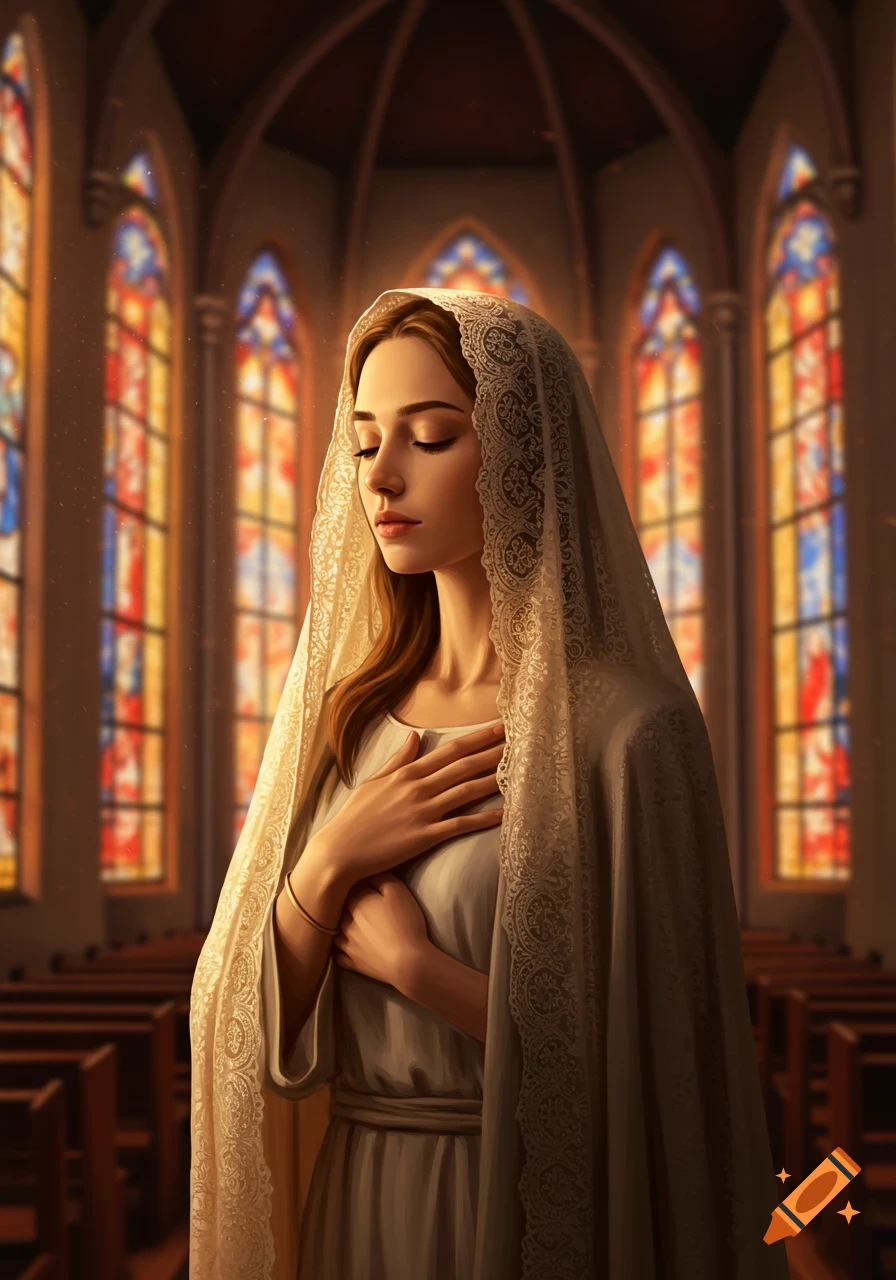 A woman with a lace head covering, hands clasped over her heart, stands in a church with vibrant stained glass windows.