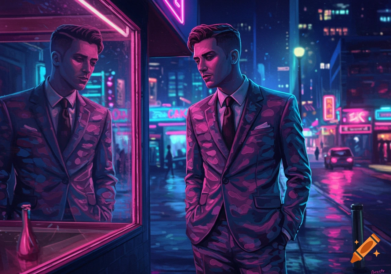A man in a suit stands outside a window, reflected, in a neon-lit futuristic city street at night.