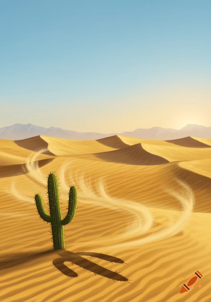 A vibrant green cactus stands in a sunlit desert landscape with numerous rolling sand dunes under a clear blue sky.